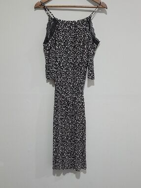 Topshop Black and White Printed Midi Slip Dress with Lace Trim Sz 8